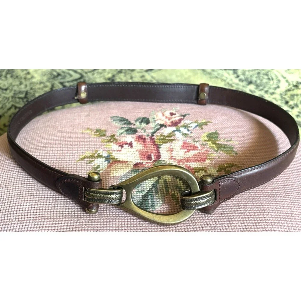 Vintage Brown Leather Waist Belt Brass sz M Adjustable Equestrian Western Snake